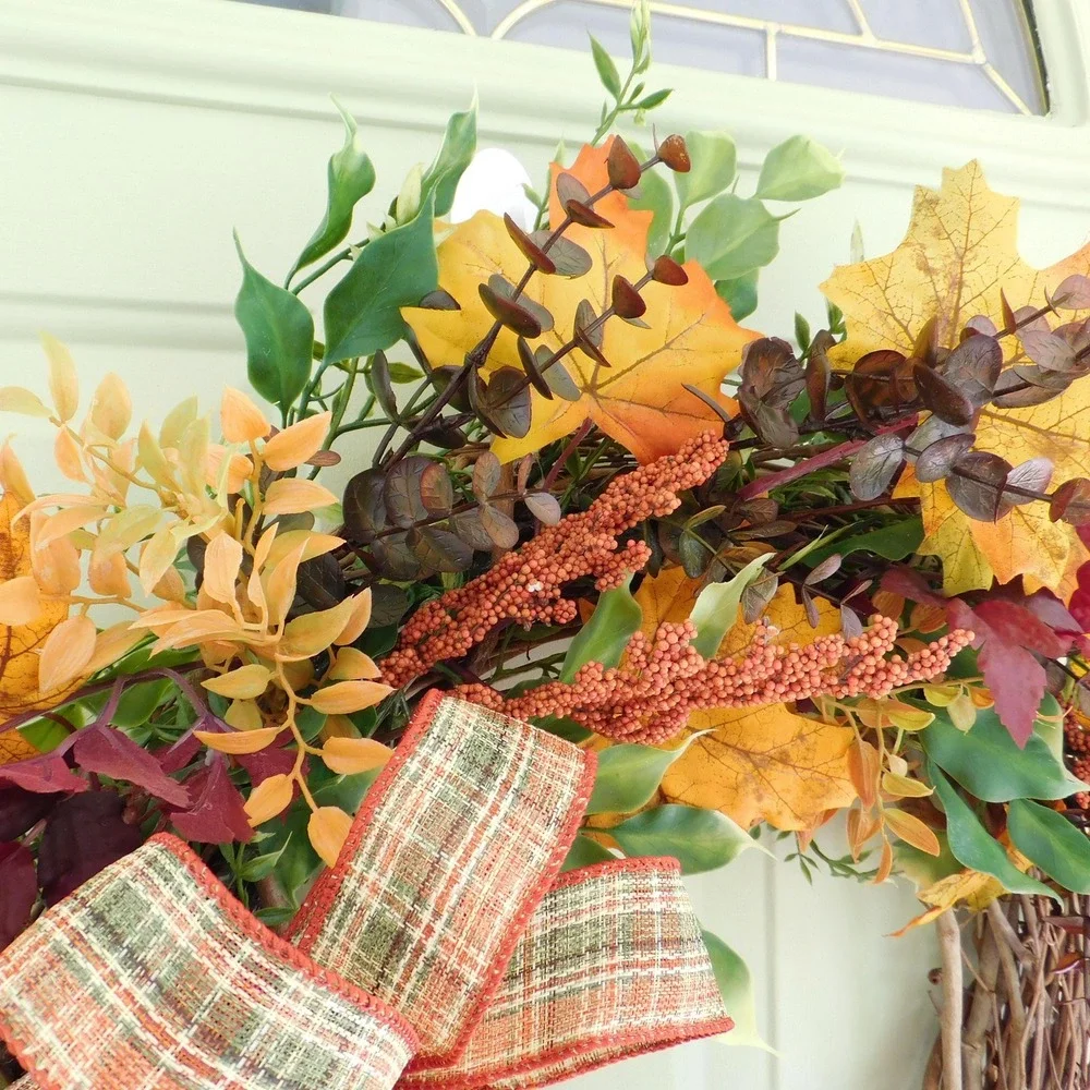 Autumn Crescent Wreath with Plaid Bow, Orange Maple Leaves, Vibrant colors